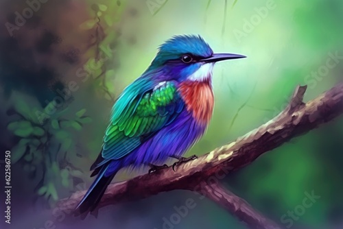 Bute blue, green and pink bird on a branch with a natural background. Generative AI