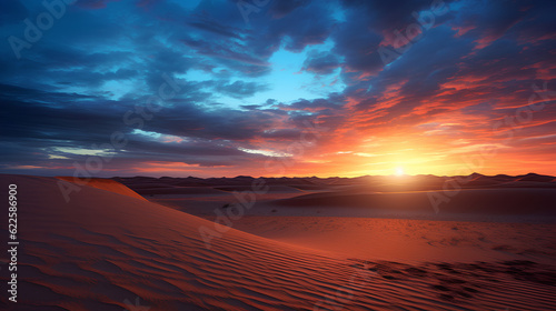sunrise in a desert with colorful dunes in the foreground