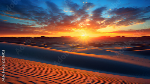 sunrise in a desert with colorful dunes in the foreground