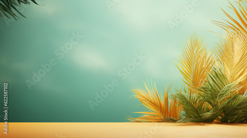 tropical palm tree on a sandy beach with palm leaf and sky background. summer concept. copy space. 