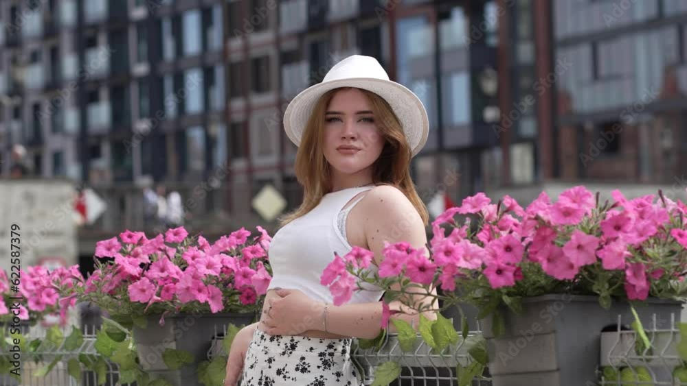 girl in a white hat on the background of Gdansk Europe Poland girl in a white hat on the background of Gdansk Europe Poland