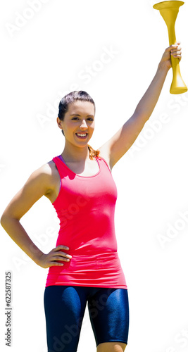 Digital png photo of caucasian sportswoman with cup on transparent background