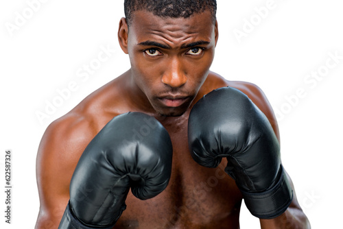 Digital png photo of african american male boxer with boxing gloves on transparent background © vectorfusionart