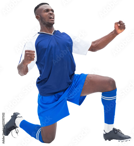 Digital png photo of african american male soccer player raising hands on transparent background