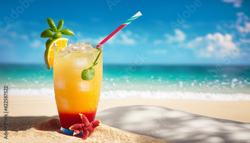 Fototapeta Naklejka Na Ścianę i Meble -  Fresh tropical cocktail on beautiful sunny beach