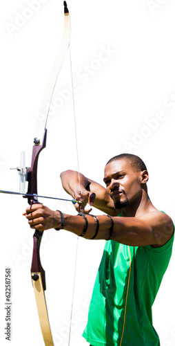 Digital png photo of african american male archer holding bow on transparent background