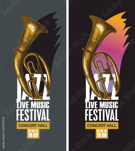 set Vector vintage posters for jazz festival of live music with wind instrument trumpet and inscriptions. Music banner, flyer, invitation, ticket in retro style