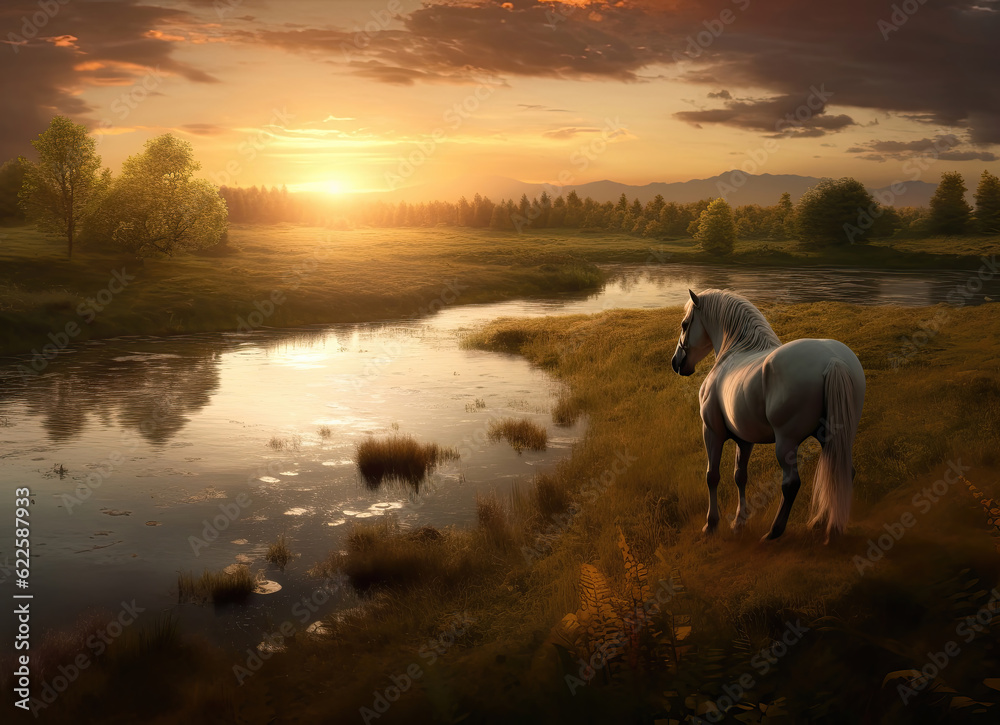 Natural landscape. Horse in a meadow near the water against the backdrop of mountains.