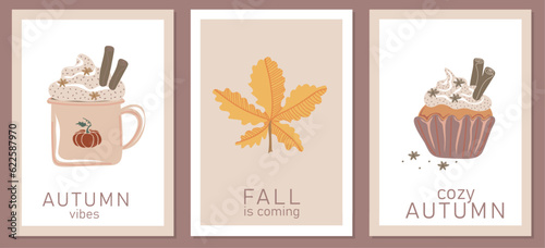 Trendy minimalist templates with chestnut leaf, spice hot drink and muffin. Good for poster, card, invitation and other graphic design. Harvest and Thanksgiving concept. Autumn vector illustration