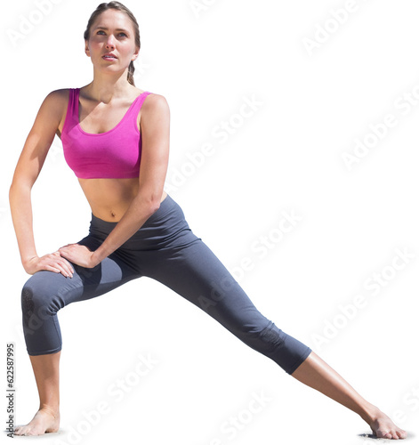 Digital png photo of caucasian woman stretching on transparent background