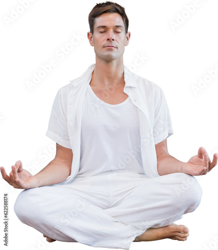 Digital png photo of caucasian man practising yoga on transparent background
