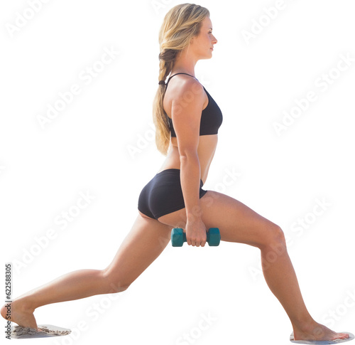 Digital png photo of caucasian woman exercising with dumbbells on transparent background