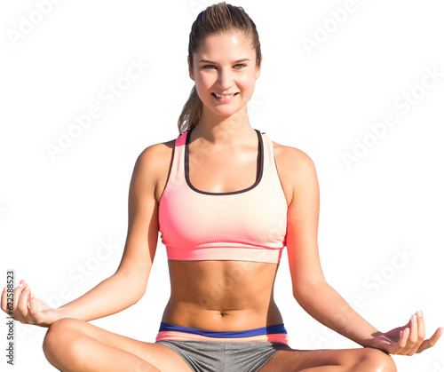 Digital png photo of caucasian woman in sport outfit practising yoga on transparent background