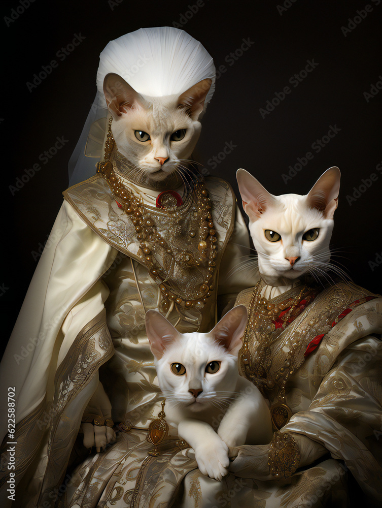 Funny Cat Royal Family Portrait of Oriental cats. Generative AI.