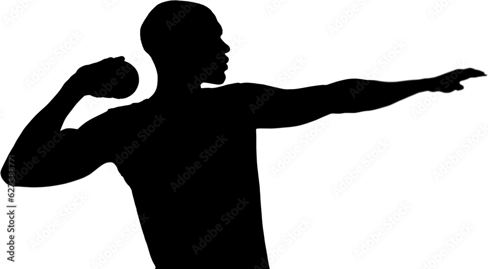 Digital png silhouette image of male athlete throwing shot put on transparent background
