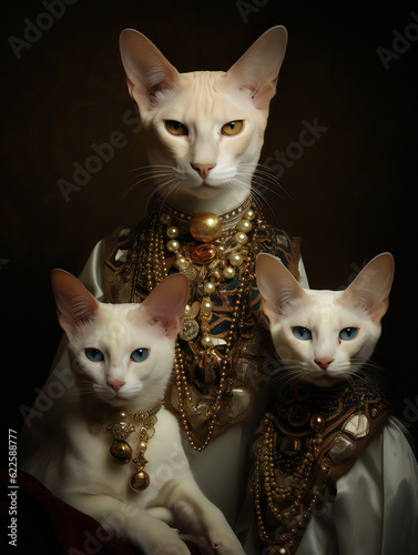 Funny Cat Royal Family Portrait of Oriental cats. Generative AI.