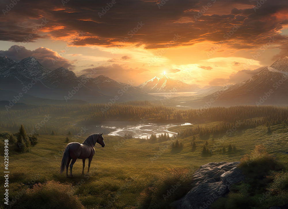 Natural landscape. Horse in a meadow near the water against the backdrop of mountains.