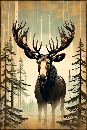 A vintage poster illustration of moose in the forest of Canada. Trees  Grass  Nature. The poster is old and worn with a distressed and grunge texture.  AI-generated fictional illustration   