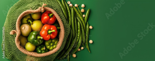 Top view of vegetables, vegan diet, green background. Generative AI