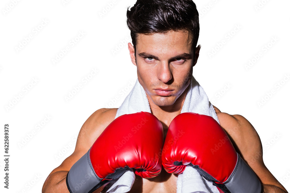 Digital png photo of caucasian male boxer with towel on neck on transparent background
