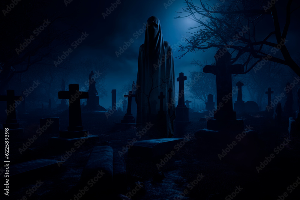 Grim reaper in black cloth stand in graveyard with tombstones at night, Halloween mystery concept, Generative AI