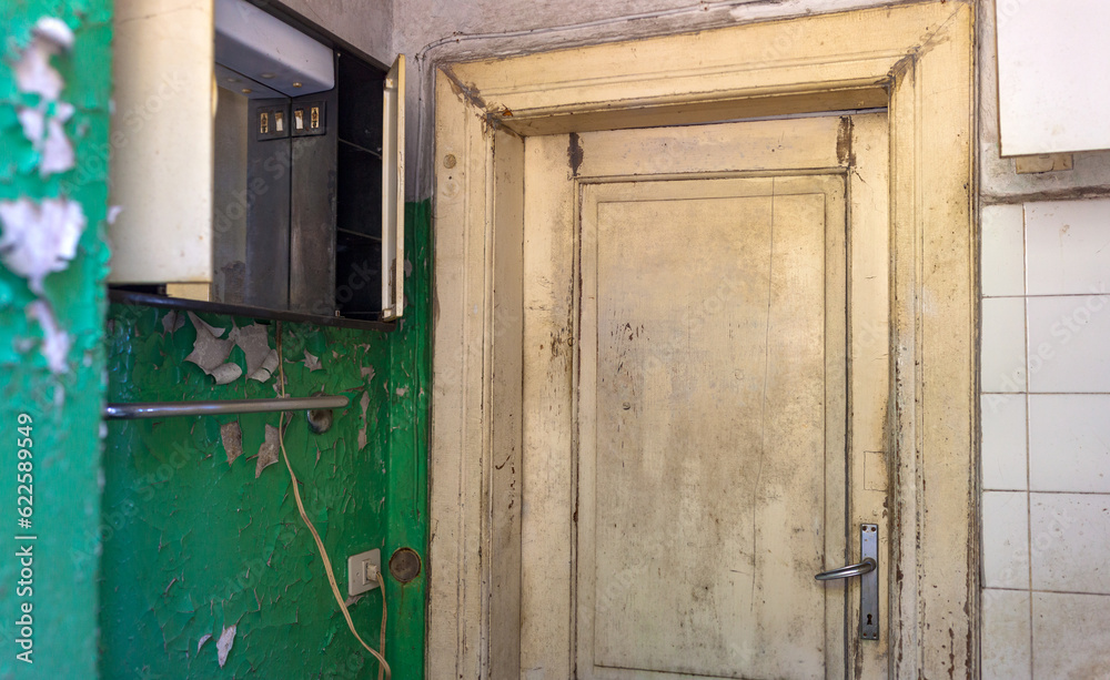 Grunge weathered mossy wooden door