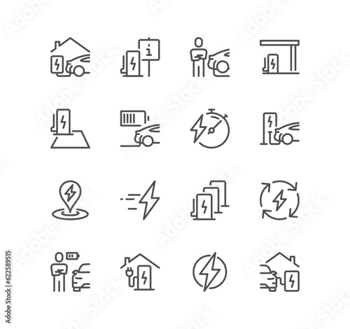 Set of car charging station related icons, car plugged to charge, battery, electric socket station, car charging and linear variety vectors.