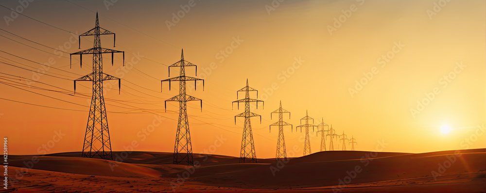 High voltage power line at sunset. Generative AI