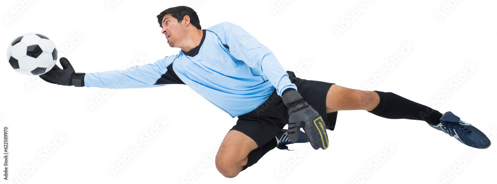 Digital png photo of caucasian male goalkeeper catching football on transparent background