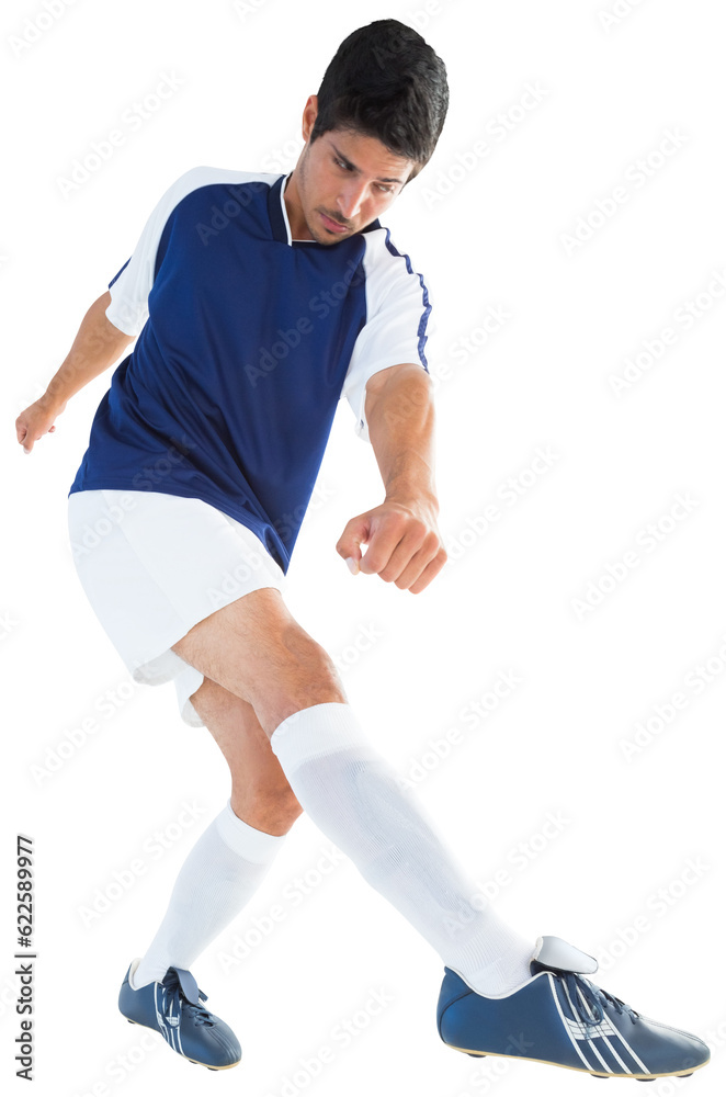 Digital png photo of caucasian male soccer player kicking on transparent background