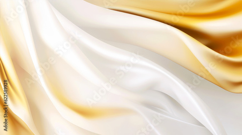Abstract white and gold silk fabric texture background. Elegant luxury satin cloth with wave. Prestigious, award, luxurious background. Generative AI.