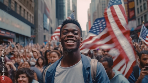 Generative AI illustration of cheerful young black male in casual clothes with crowd of people holding flags while celebrating USA independent day