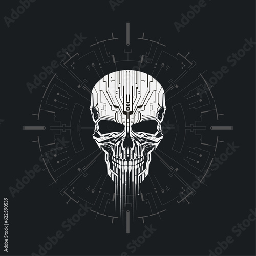 Cyber robot skull. Dark sci-fi style metal skeleton head. photo