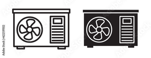 Ac outdoor unit icon set in filled and outlined style. air conditioner outdoor fan system symbol in line style.