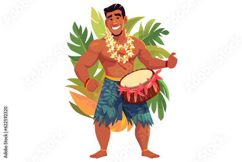 Hawaiian Man Character with Lei Garland on His Neck Standing Near Drum. Flat graphic vector illustrations isolated on white background photo