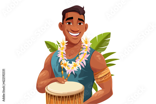 Hawaiian Man Character with Lei Garland on His Neck Standing Near Drum. Flat graphic vector illustrations isolated on white background