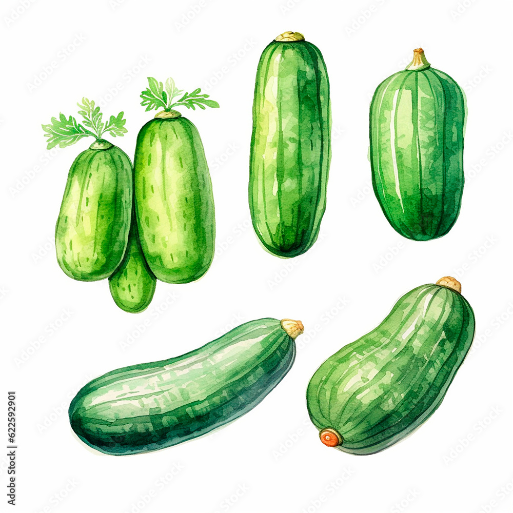 cucumber set watercolor on a white background created with Generative Ai cucumber set watercolor on a white background created with Generative Ai