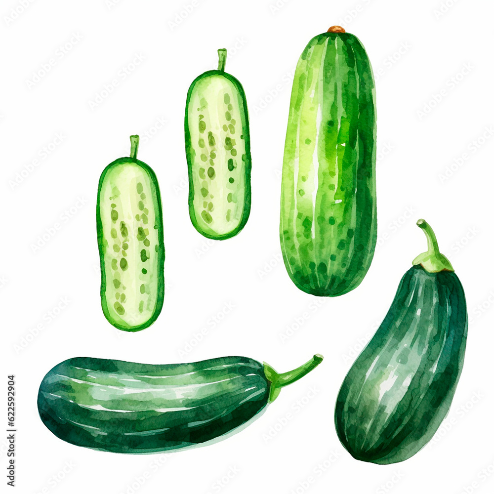 cucumber set watercolor on a white background created with Generative Ai