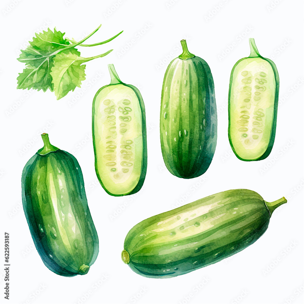 cucumber set watercolor on a white background created with Generative Ai cucumber set watercolor on a white background created with Generative Ai