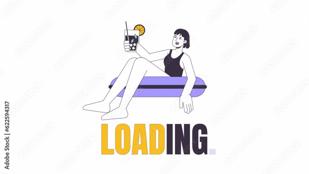 Girl on rubber ring with cocktail cheers line 2D loading animation. Happy young woman summer pool animated cartoon outline character 4K video loading motion graphic. Holiday download process gif Girl on rubber ring with cocktail cheers line 2D loading animation. Happy young woman summer pool animated cartoon outline character 4K video loading motion graphic. Holiday download process gif