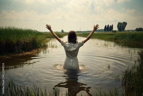 Fotografie, Tablou Baptism. Young woman standing in water with her arms outstretched