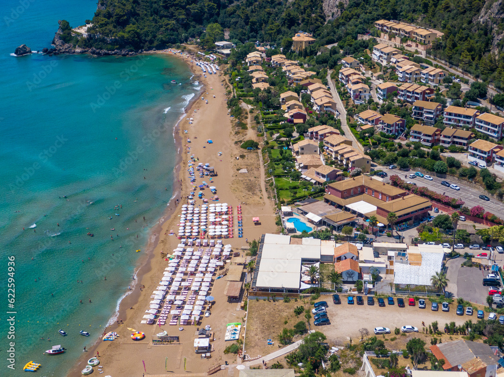 Aerial drone view of glyfada beach in corfu island greece