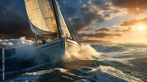 Sailboat glides lightly on the waves of a pristine ocean © maniacvector