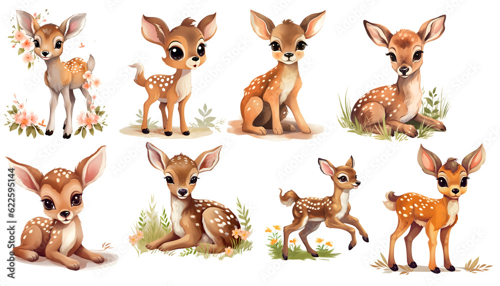 Naklejka premium set of cute Deer Fawn isolated Clipart, Illustration, generated ai