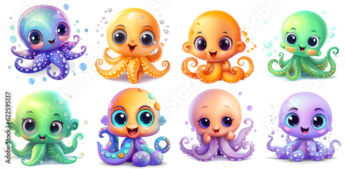 set of cute octopus Cartoon Sticker, Clipart isolated, generated ai