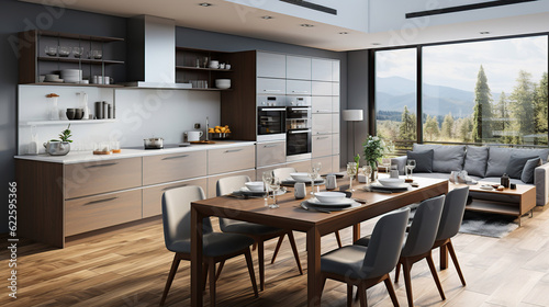 Stylish apartment interior with modern kitchen.