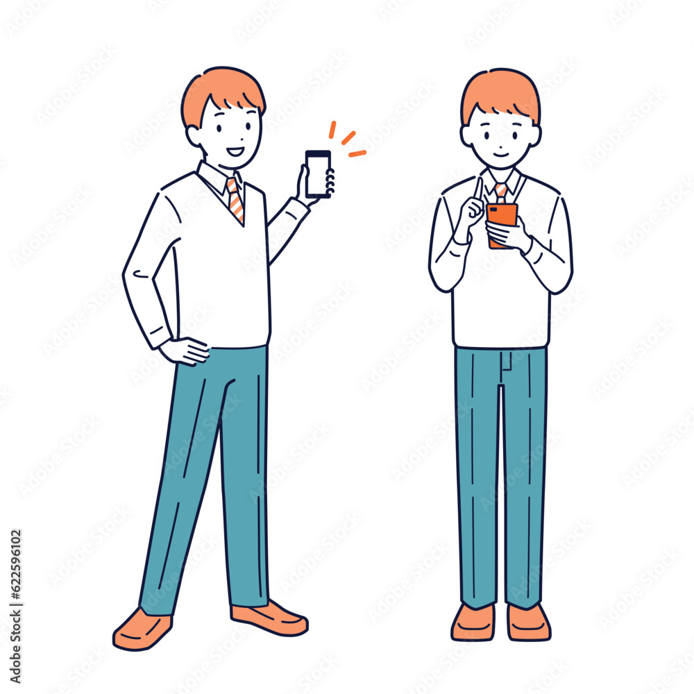 スマホを持つ男子学生_全身_セット スマホを持つ男子学生_全身_セット