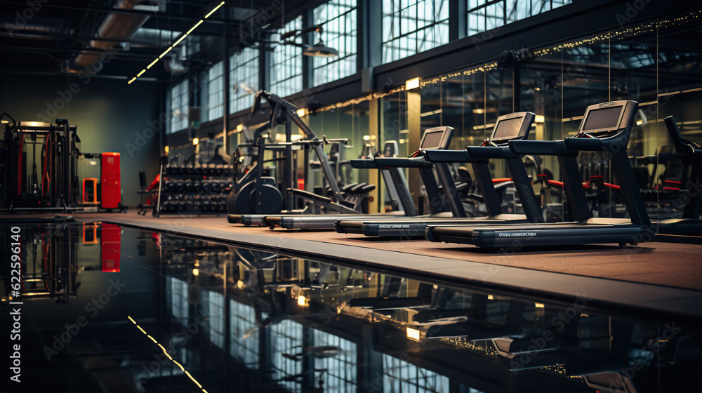 Modern gym interior with various equipment.
