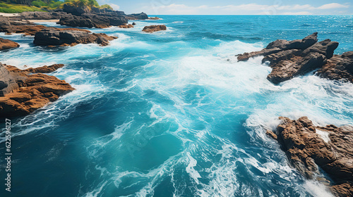 Aerial views over crashing sea waves on rocking ocean crop.