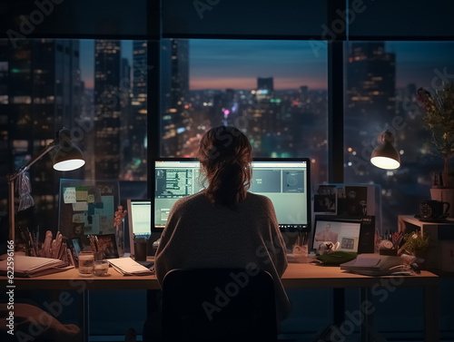 A woman who stays alone in the office and works overtime. Generative AI